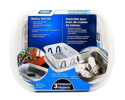 Camco 43517 Galley Sink White 3-piece Kit with Drainer, Dish Pan and Mat