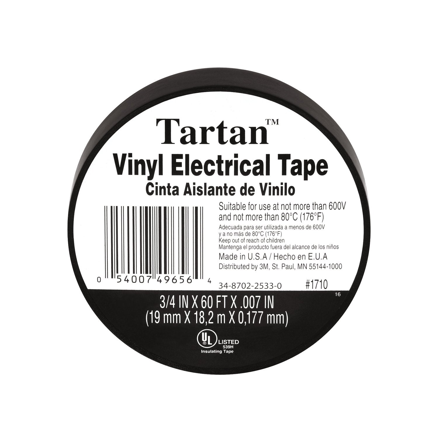 Tartan Vinyl Plastic Electrical Tape, Black, .75-Inch by 60-Feet (1710)