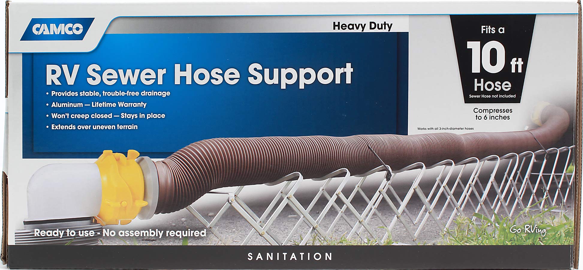 Camco Aluminum Sewer Hose Support - Supports Sewer Hoses Up to 10'| Includes Strap Kit to Secure Your Hose in Place |Durable Construction| Lightweight Design - (40351)