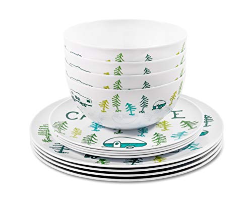 Camco | 53311 | Life is Better at The Campsite 12-Piece Dishware Set Features a Unique RV Sketch Design