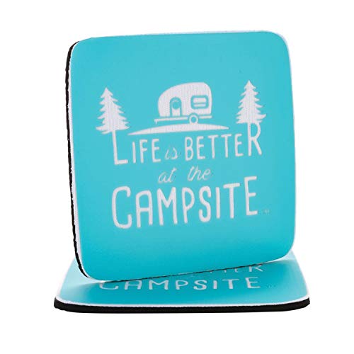 Camco | 53230 | Life Is Better At The Campsite Coasters Neoprene Blue Design 2 Pack