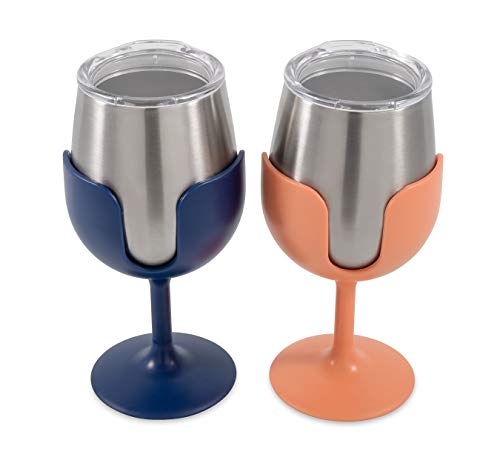 Camco | 51917 | Life is Better at The Campsite Wine Tumbler Set 8 oz Navy and Peach