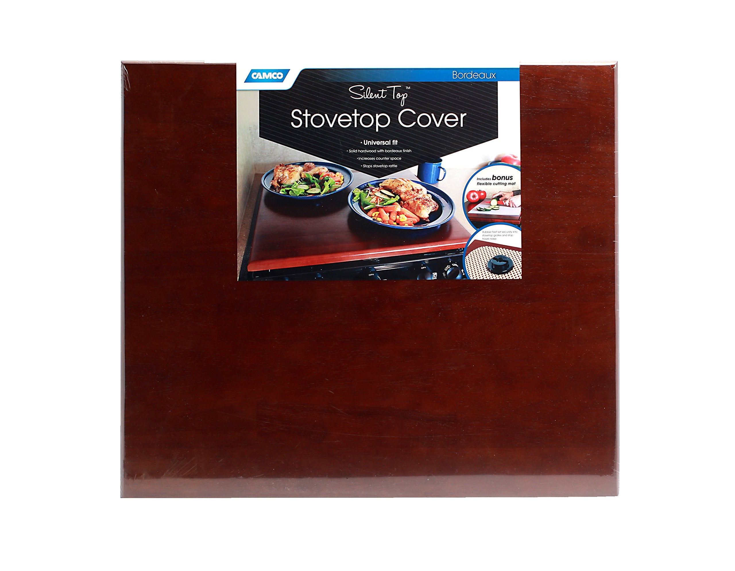 Camco 43526-A Silent Top Stovetop Cover, Convert Your Stove Top to Extra Counter Space In Your Camper Or RV (Bordeaux Finish)