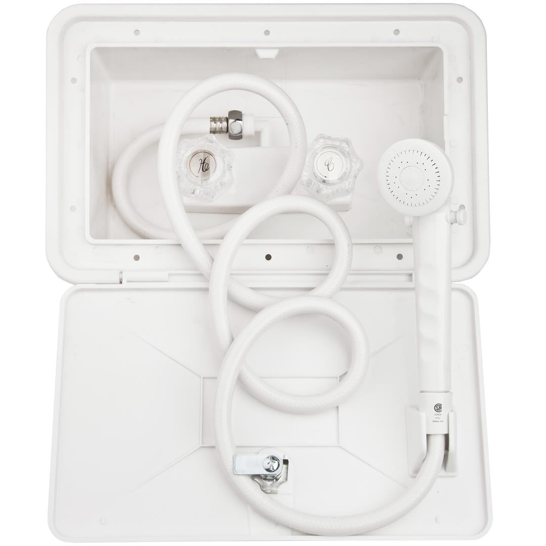 Dura Faucet | DF-SA170-WT | RV Exterior Shower Box Kit with Lock (White)