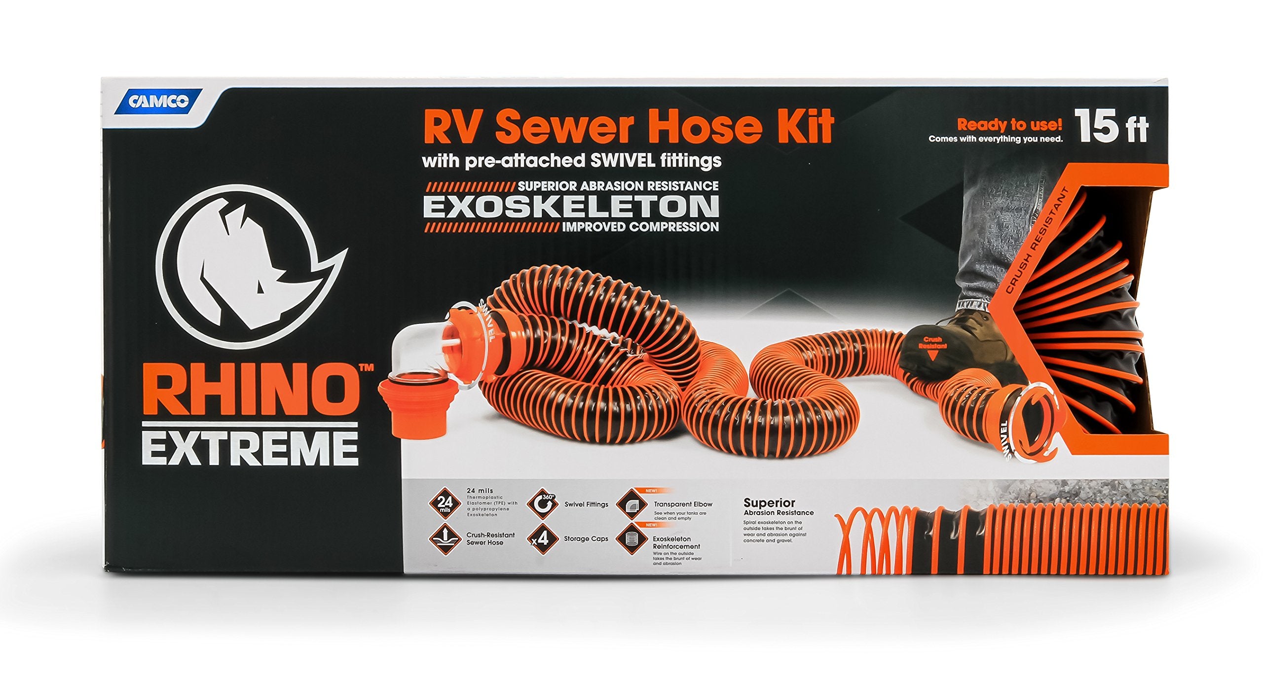 Camco | 39861 | RhinoEXTREME 15ft RV Sewer Hose Kit Swivel Fitting and Translucent Elbow with 4-In-1 Dump Station Fitting