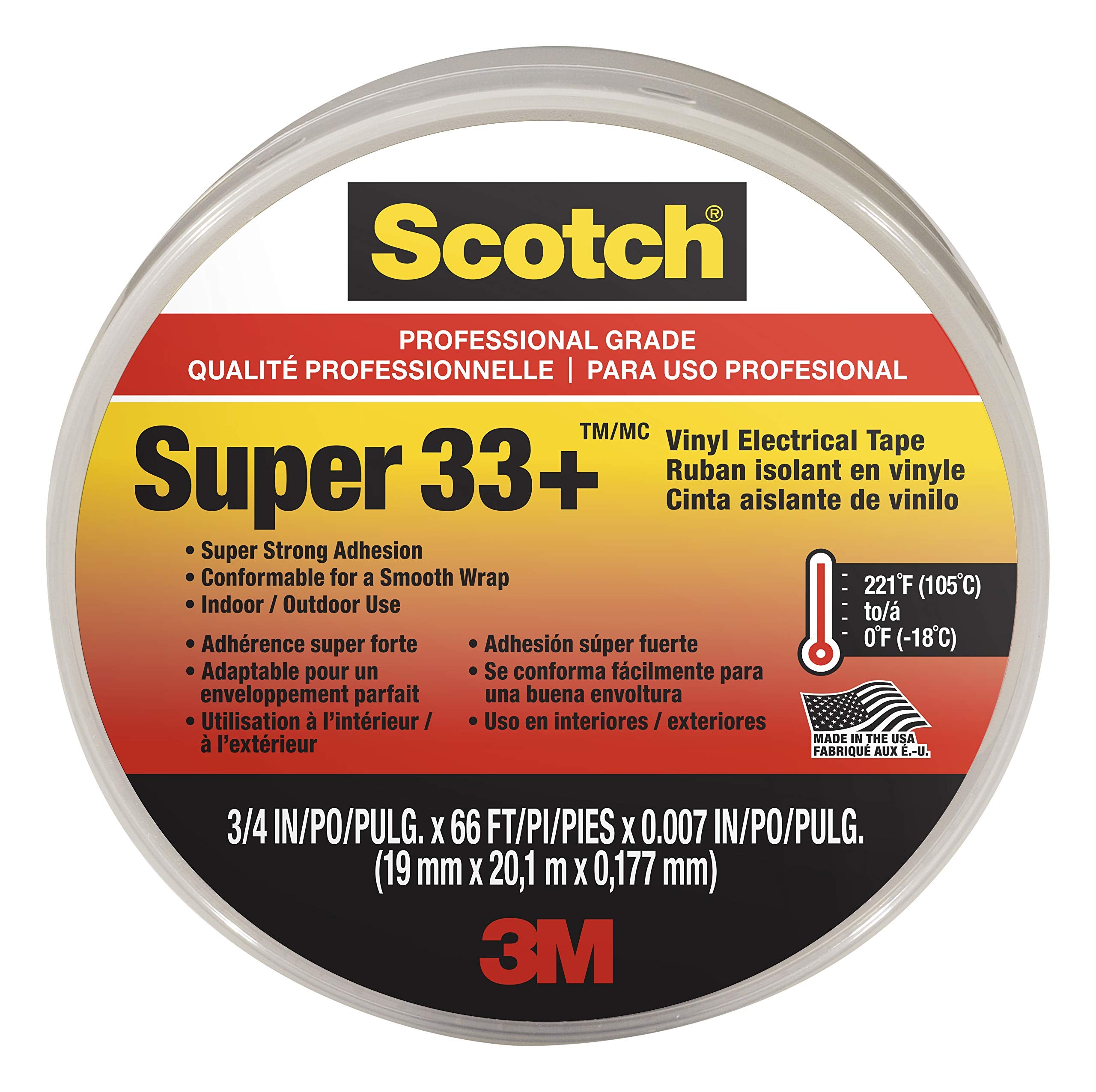 Scotch Super 33+ Vinyl Electrical Tape, 6132-BA-10, 3/4 in x 66 ft x 0.007