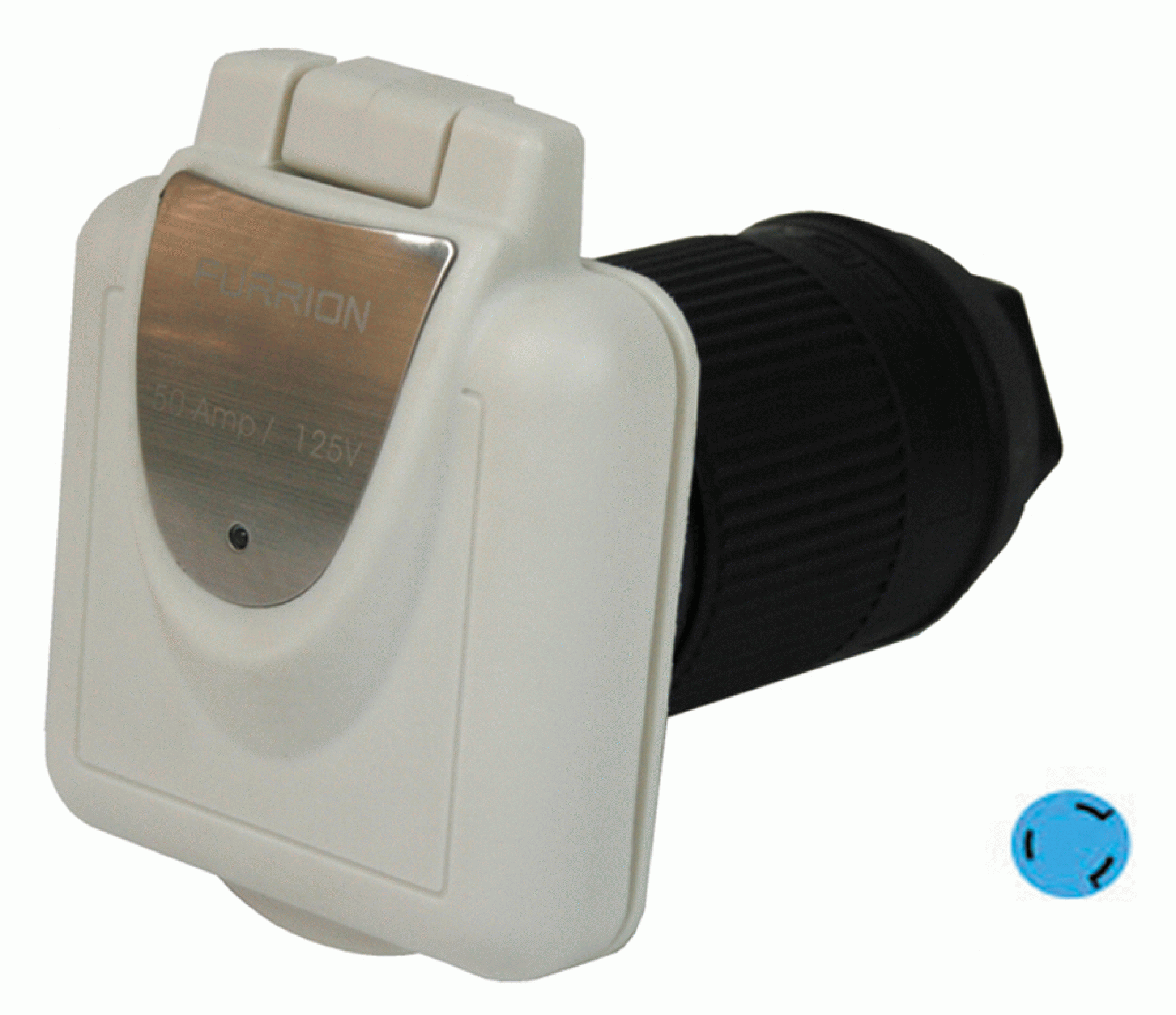 FURRION LLC | 2021123647 | 50 AMP POWER INLET NON METALLIC SQUARE W/ STAINLESS STEEL PLATE 125/250V WHITE F52INS-PS-AM