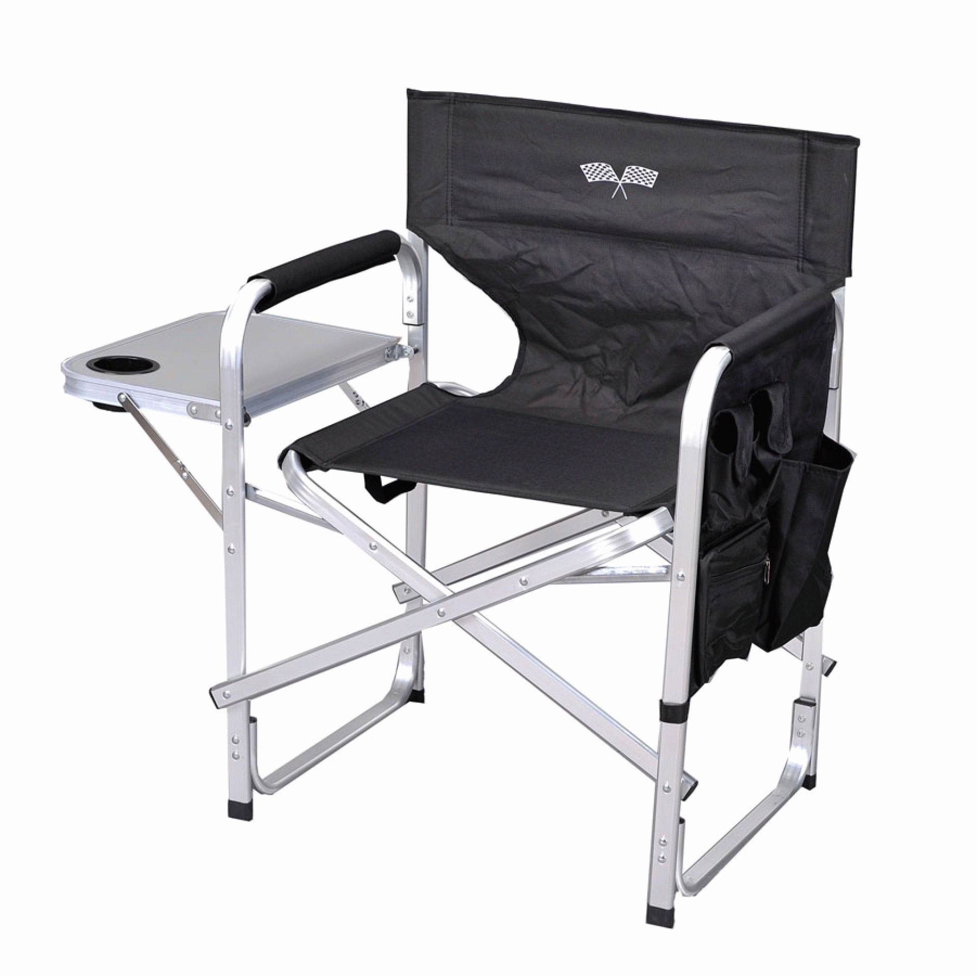 MINGS MARK INC. | SL1204BLACK/FLAG | DIRECTOR'S CHAIR W/ SIDE TABLE AND POCKETS - BLACK W/ RACING FLAG