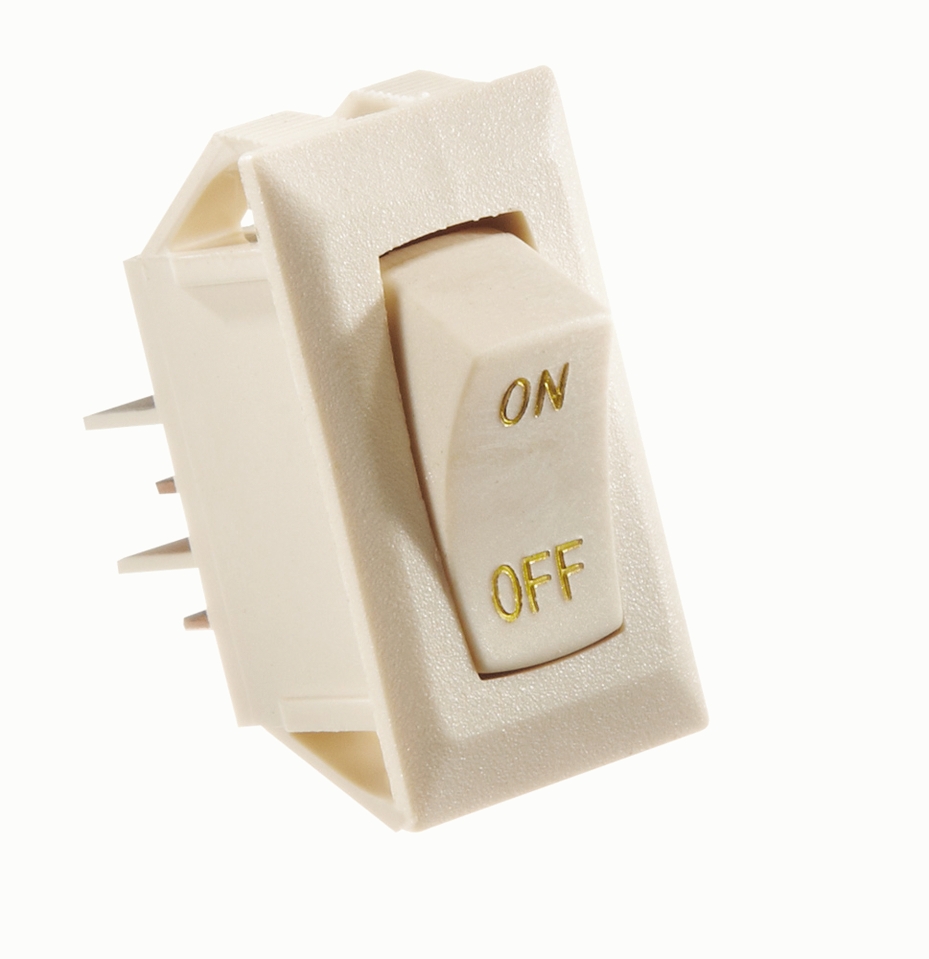 RV DESIGNER COLLECTION | S279 | Rocker Switch Ivory w/Gold Text 10 Amp On/Off SPST