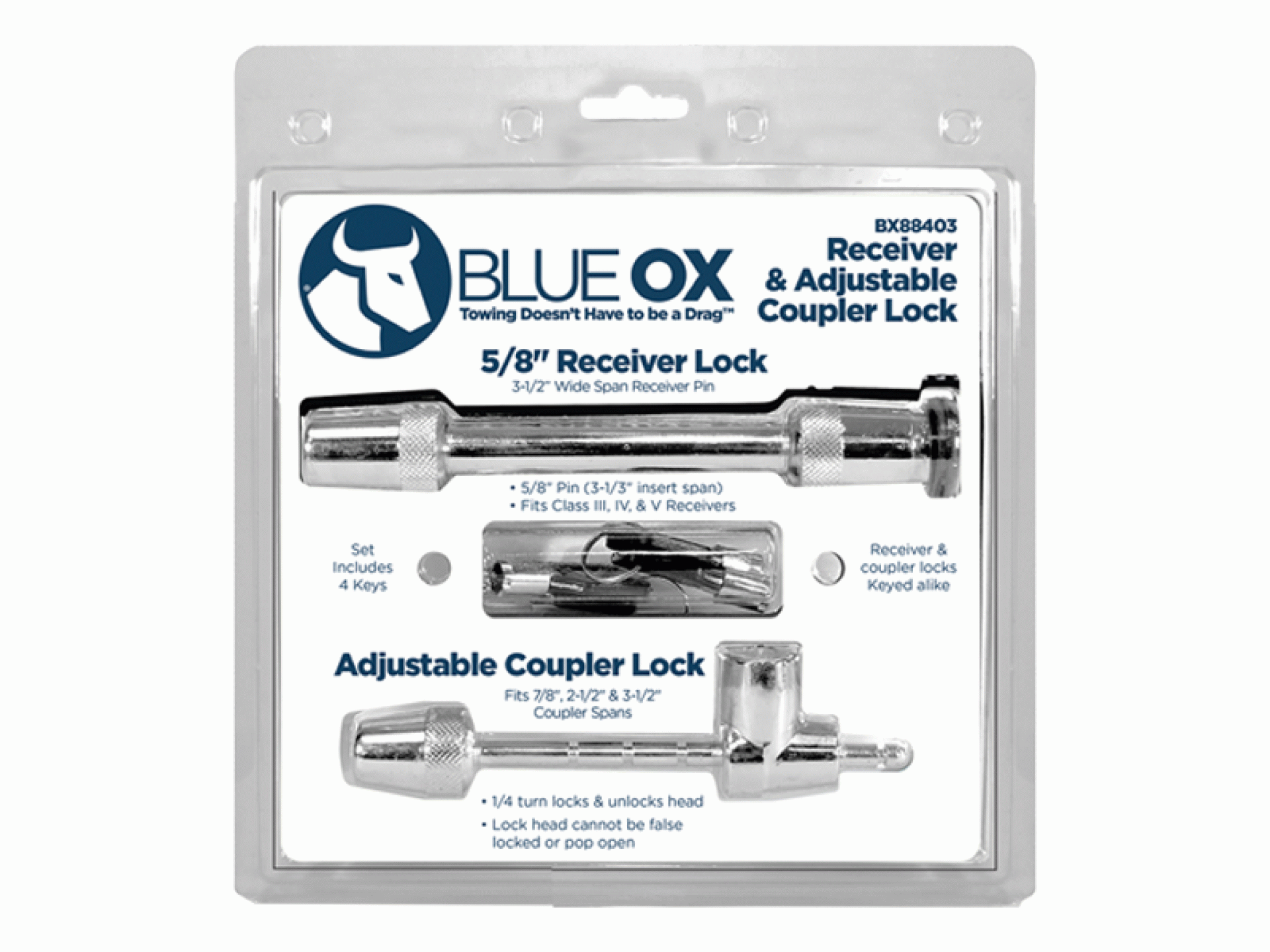 BLUE OX | BX88403 | Coupler Lock Kit Pin Style & 5/8"x3-1/2" Receiver Lock Set