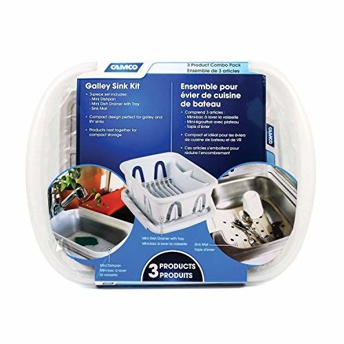Camco 43517 Galley Sink White 3-piece Kit with Drainer, Dish Pan and Mat