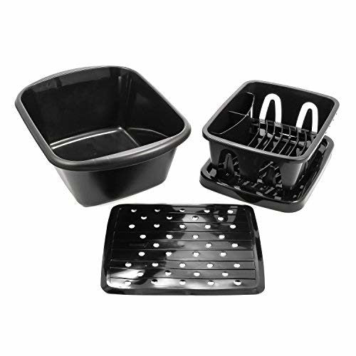 Camco 43518 Galley Sink Black 3-piece Kit with Drainer, Dish Pan and Mat